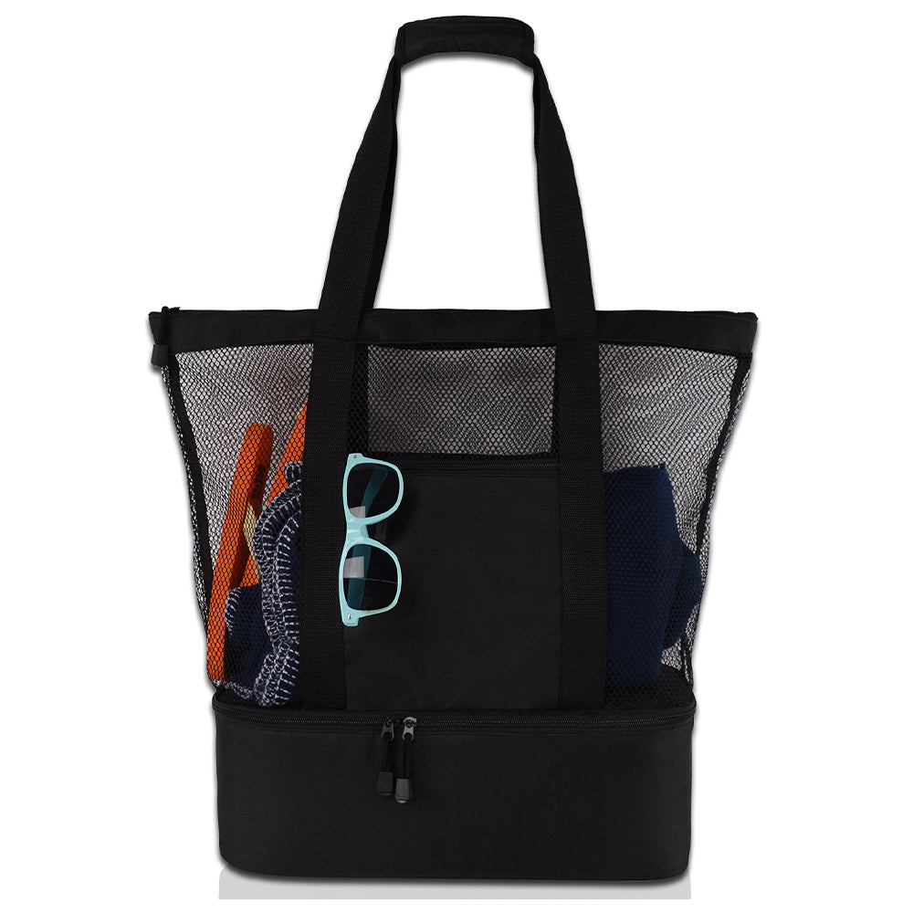 NNEDSZ Vibe Geeks 2 in 1 Mesh Beach Tote Bag with Insulated Cooler - Black