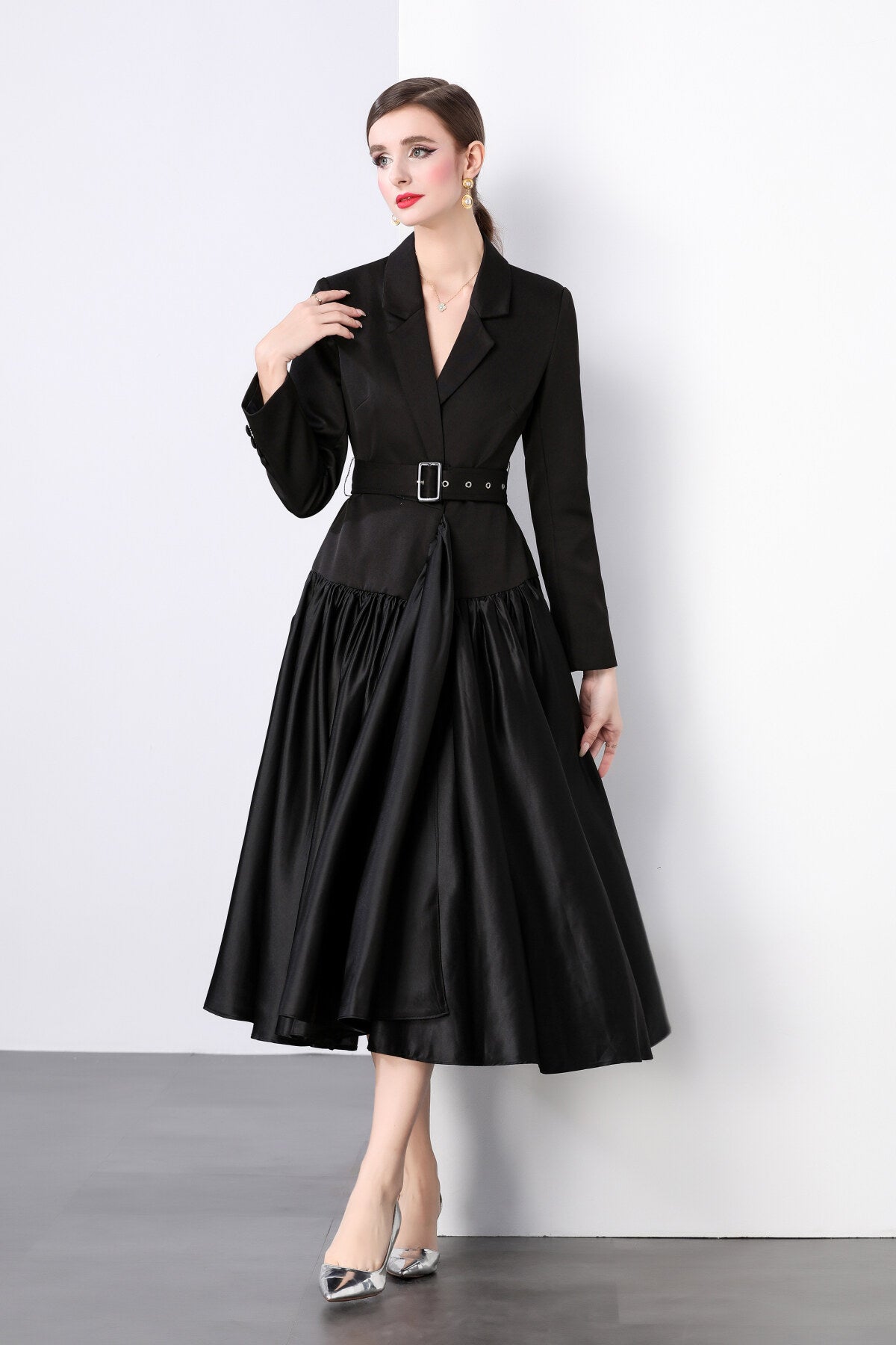 Black Belted Blazer Flared Midi Dress
