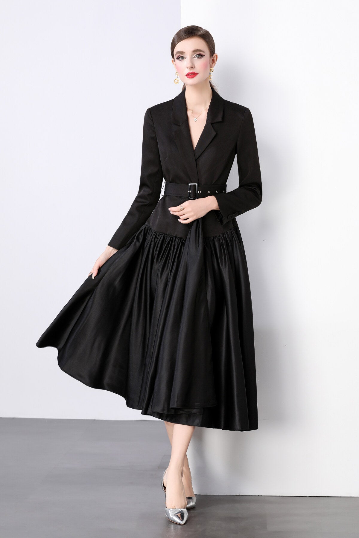 Black Belted Blazer Flared Midi Dress