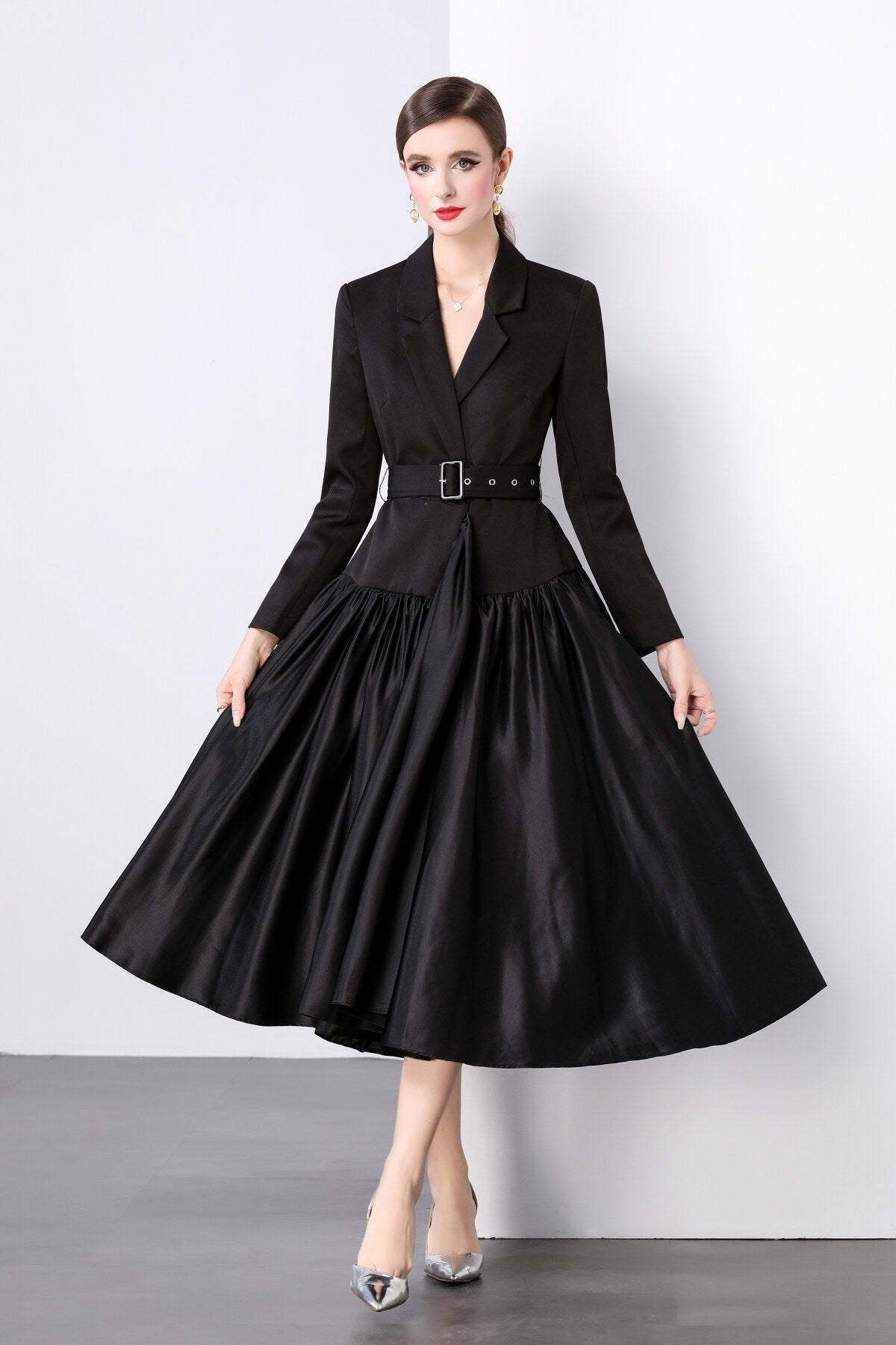 Black Belted Blazer Flared Midi Dress