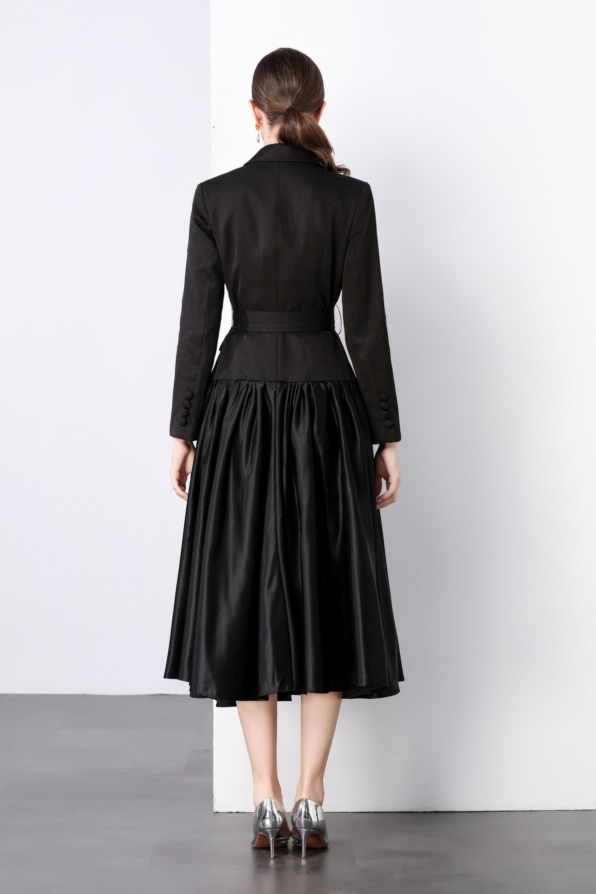 Black Belted Blazer Flared Midi Dress