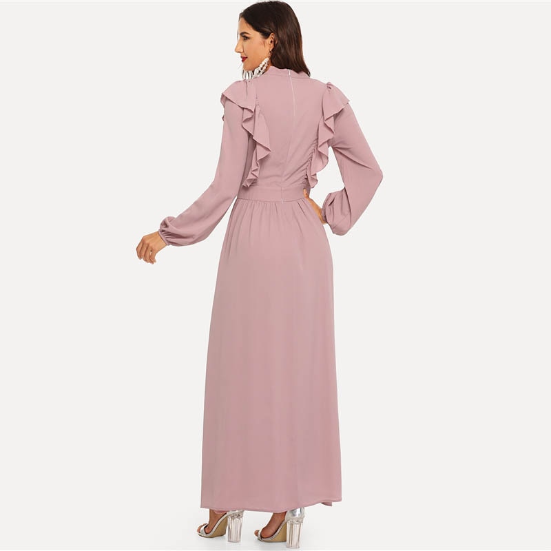 Pink Abaya Tie Neck Fit and Flare Ruffle Pleated High Waist A Line Dress Women Spring Solid Elegant Maxi Dresses