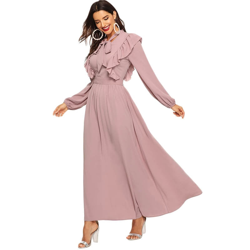 Pink Abaya Tie Neck Fit and Flare Ruffle Pleated High Waist A Line Dress Women Spring Solid Elegant Maxi Dresses