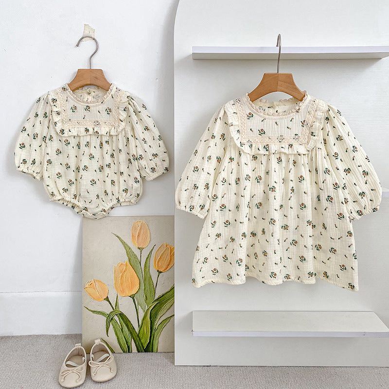 Autumn Arrival Baby Girls French-style Floral Long-sleeved Onesies and Dress – Princess Sister Matching Set-0