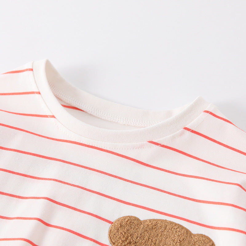Autumn Arrival Kids Girls Teddy Bear and Striped Pattern Long Sleeves Crew Neck Dress with Tulle-1