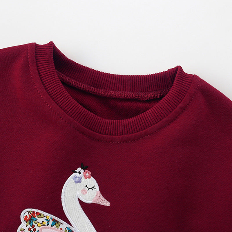Autumn and Spring Arrival Cartoon Swans Pattern Long Sleeves Pullover with Tulle Decoration for Stylish Girls-1