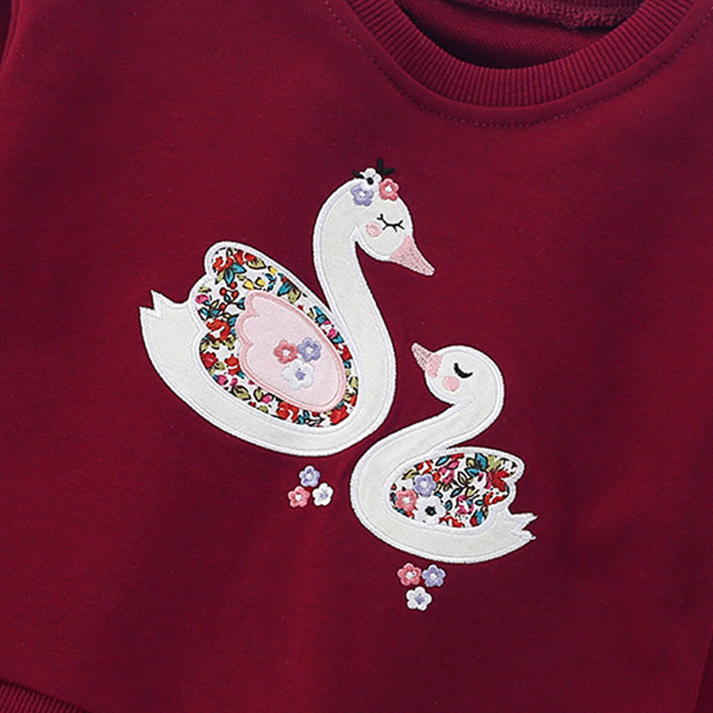 Autumn and Spring Arrival Cartoon Swans Pattern Long Sleeves Pullover with Tulle Decoration for Stylish Girls-2