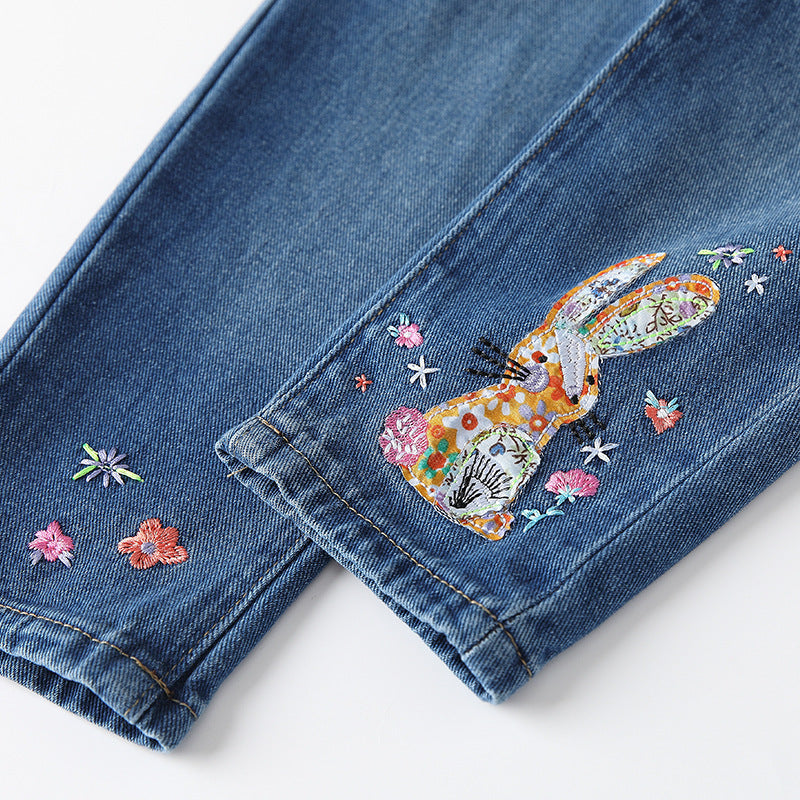 Arrival Autumn Baby Kids Girls Colorful Flowers Pattern Denim Pants-2