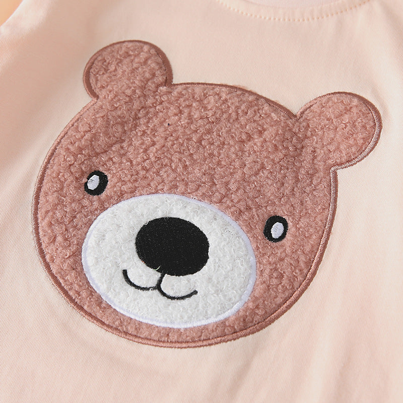 Spring and Autumn Boys Cartoon Teddy Bear Pattern Long Sleeves Top and Striped Pants Clothing Set-2