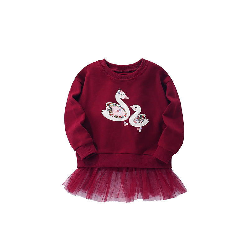 Autumn and Spring Arrival Cartoon Swans Pattern Long Sleeves Pullover with Tulle Decoration for Stylish Girls-0
