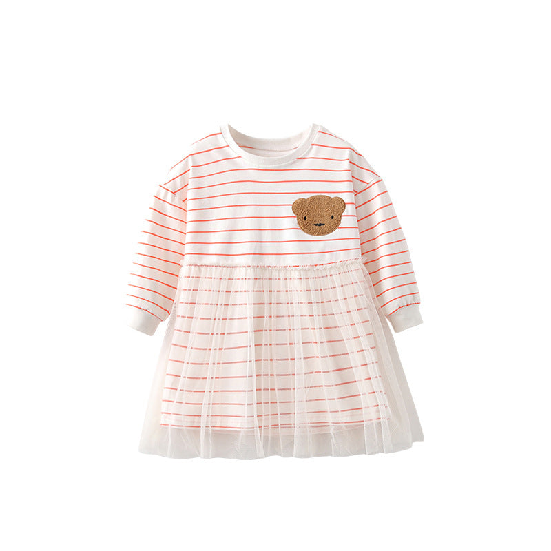 Autumn Arrival Kids Girls Teddy Bear and Striped Pattern Long Sleeves Crew Neck Dress with Tulle-0