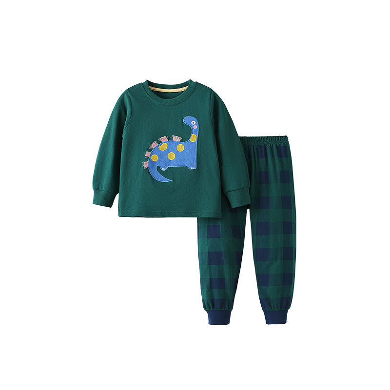 Spring and Autumn Boys Cartoon Pattern Long Sleeves Top and Plaid Pants Clothing Set-0
