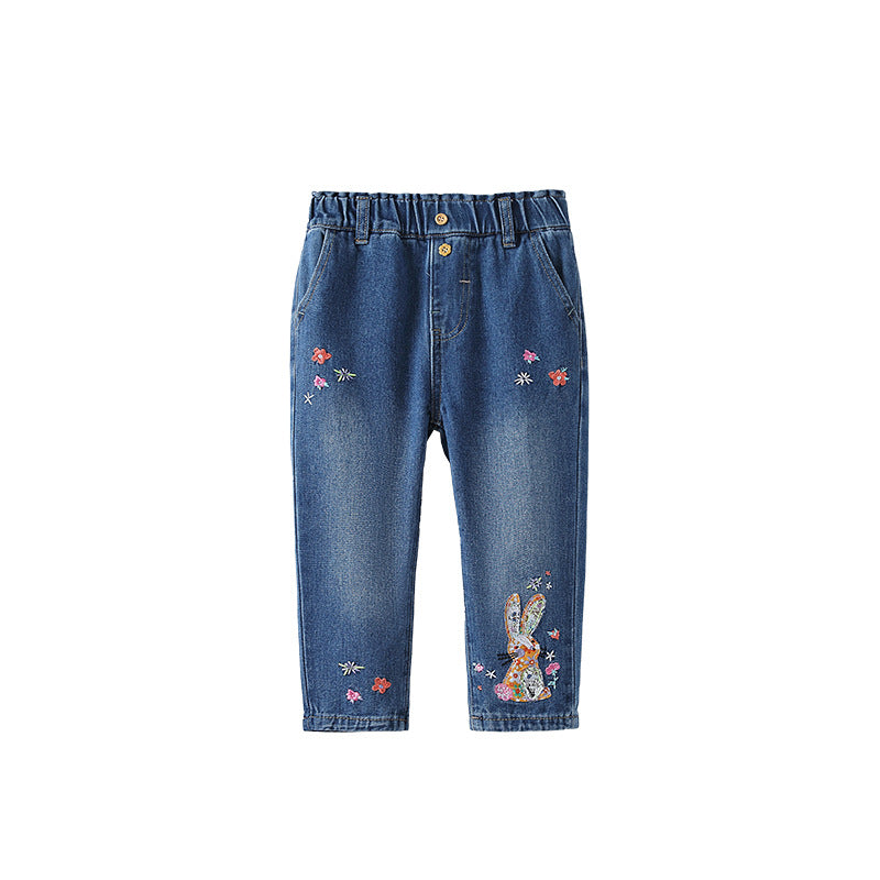 Arrival Autumn Baby Kids Girls Colorful Flowers Pattern Denim Pants-0