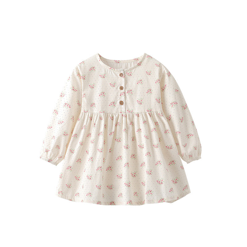 Autumn Arrival Kids Girls Floral Pattern Long Sleeves Cute Dress-0