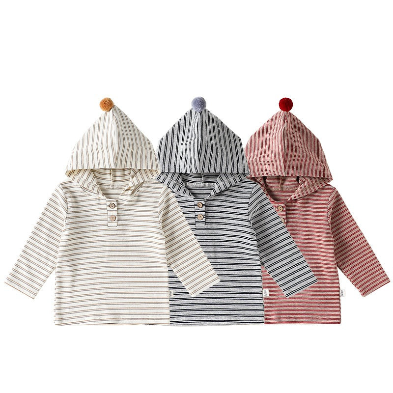 Autumn Arrival Baby Kids Unisex Striped Pattern Long Sleeves Hooded Top-0