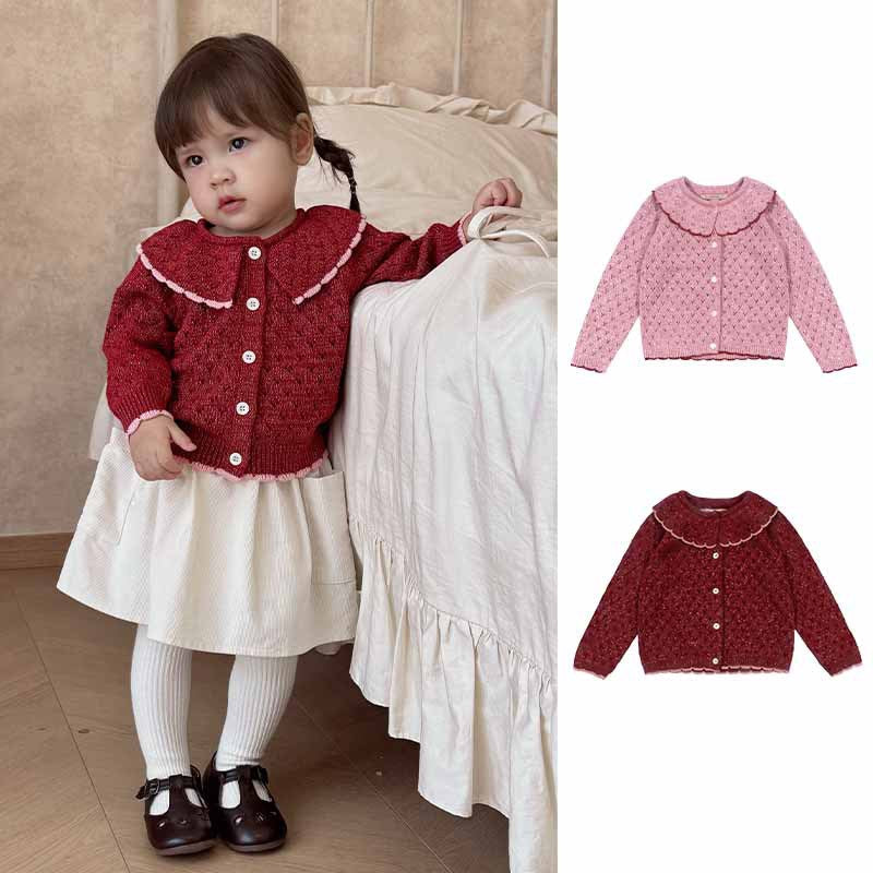 Autumn Arrival Baby Kids Girls Long Sleeves Geometric Pattern Single Breasted Knitted Cardigan with Collar-0