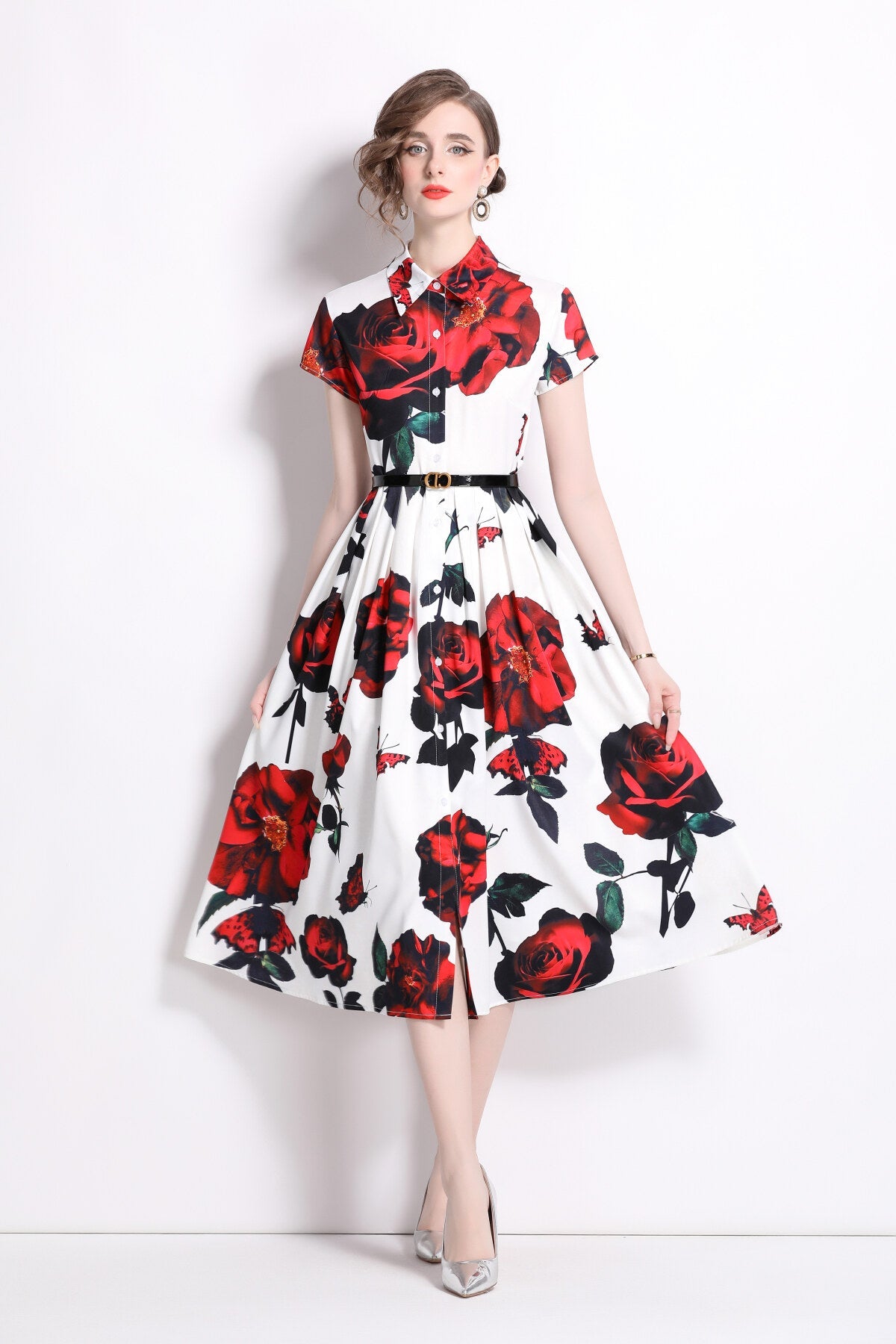 Romantic Rose Lapel Collar Shirt Dress
