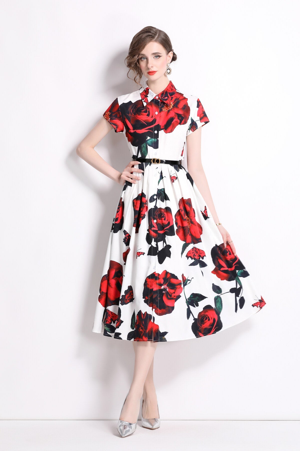 Romantic Rose Lapel Collar Shirt Dress