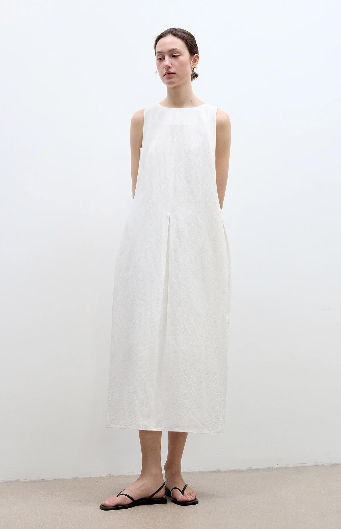 "Deyanuo" hemp three-dimensional hourglass sleeveless round neck loose slim dress for women-0