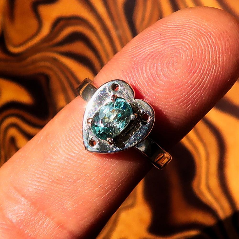 Heart shaped Gemstone Sterling Silver Solitaire Ring with oval Cut Blue Zircon - Size 6.5