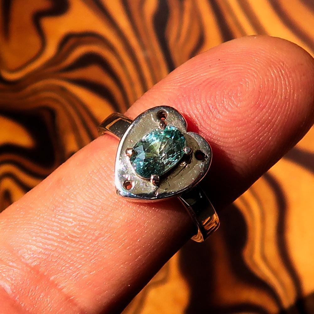 Heart shaped Gemstone Sterling Silver Solitaire Ring with oval Cut Blue Zircon - Size 6.5