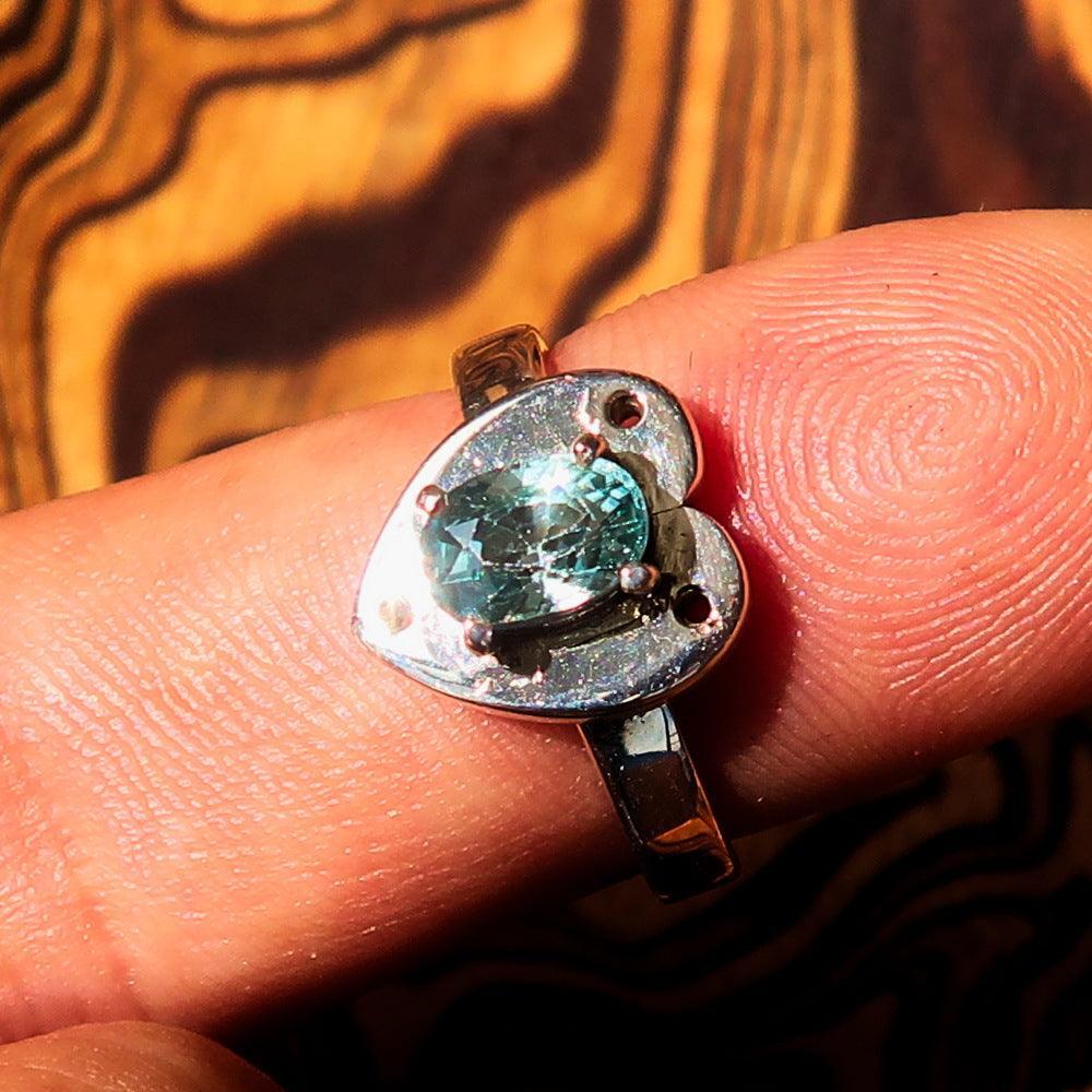 Heart shaped Gemstone Sterling Silver Solitaire Ring with oval Cut Blue Zircon - Size 6.5