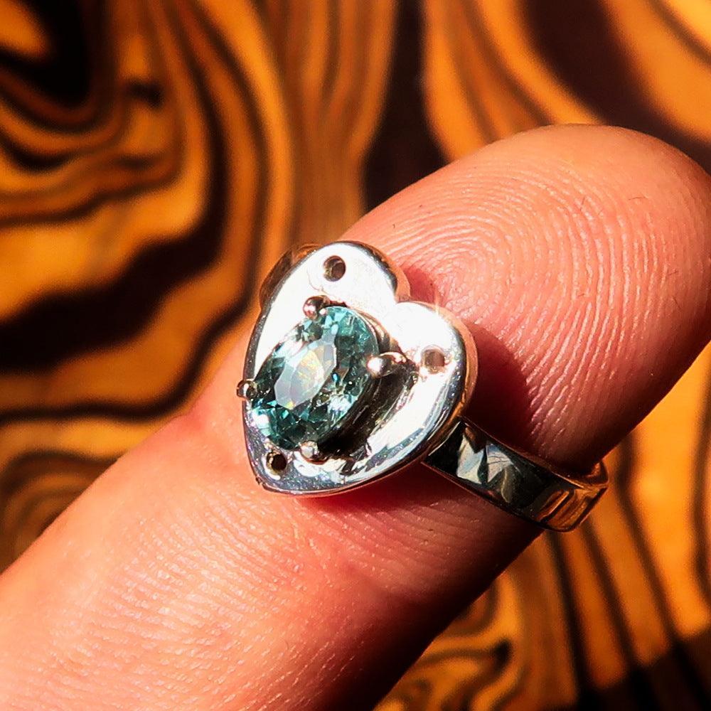 Heart shaped Gemstone Sterling Silver Solitaire Ring with oval Cut Blue Zircon - Size 6.5