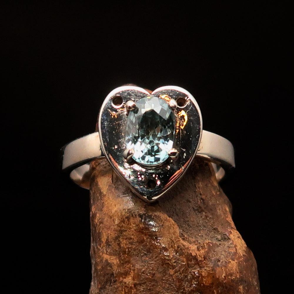 Heart shaped Gemstone Sterling Silver Solitaire Ring with oval Cut Blue Zircon - Size 6.5
