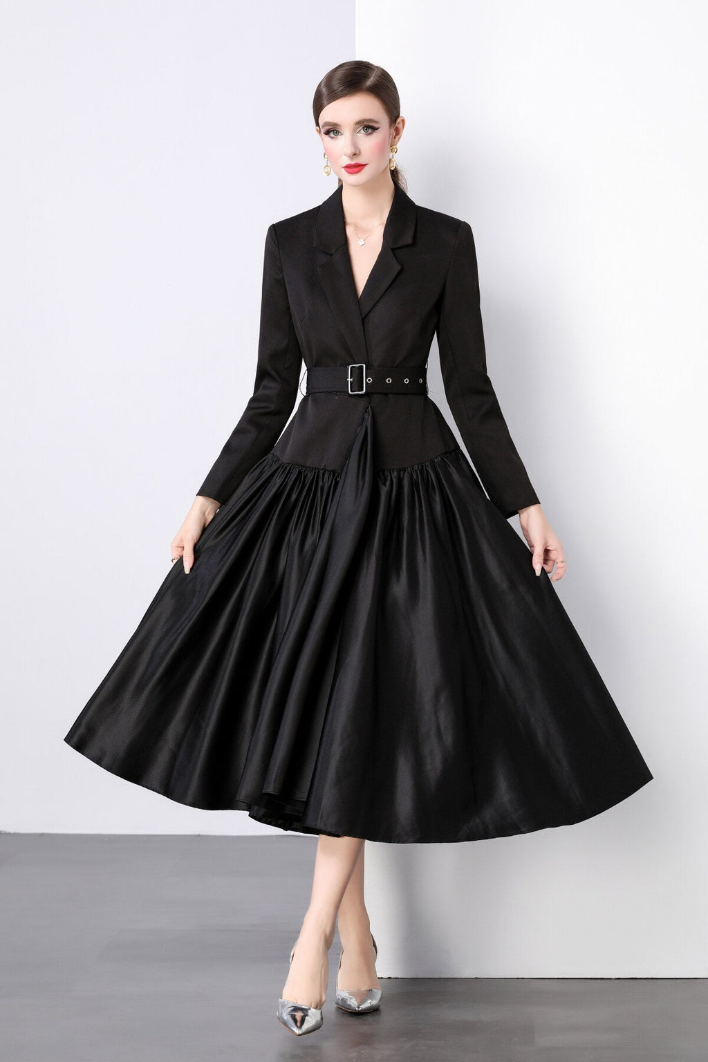 Black Belted Blazer Flared Midi Dress