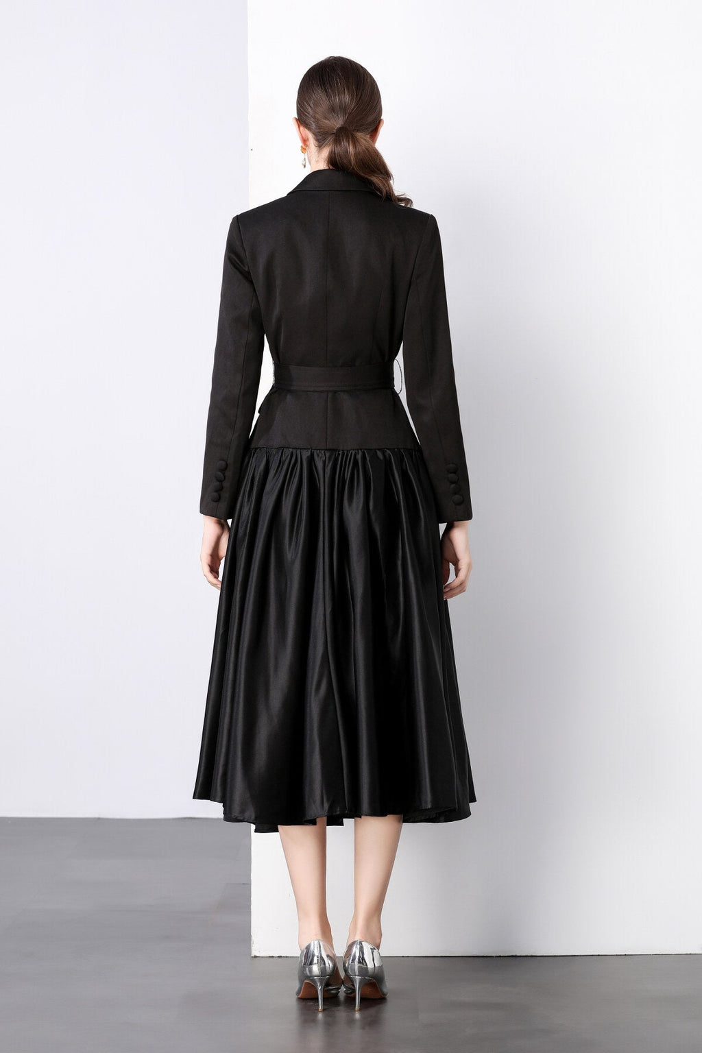 Black Belted Blazer Flared Midi Dress