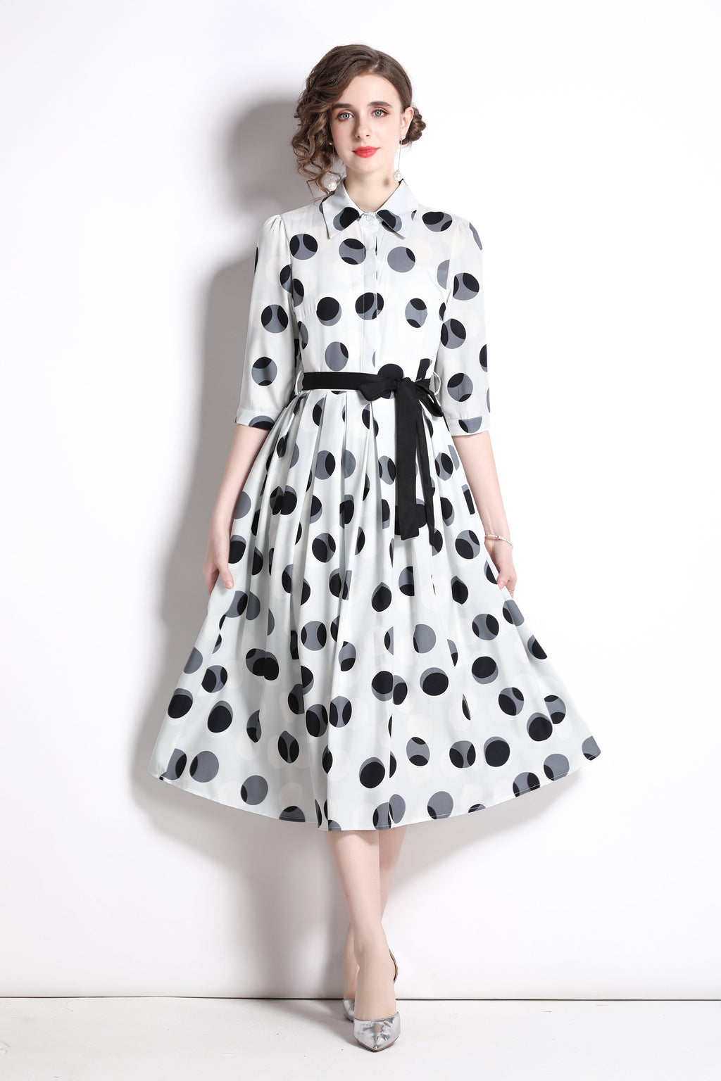 Polka Dot Tie Waist Shirt Dress-2