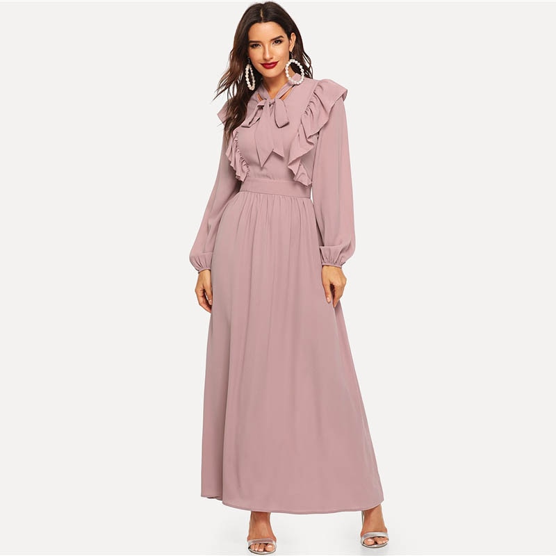 Pink Abaya Tie Neck Fit and Flare Ruffle Pleated High Waist A Line Dress Women Spring Solid Elegant Maxi Dresses