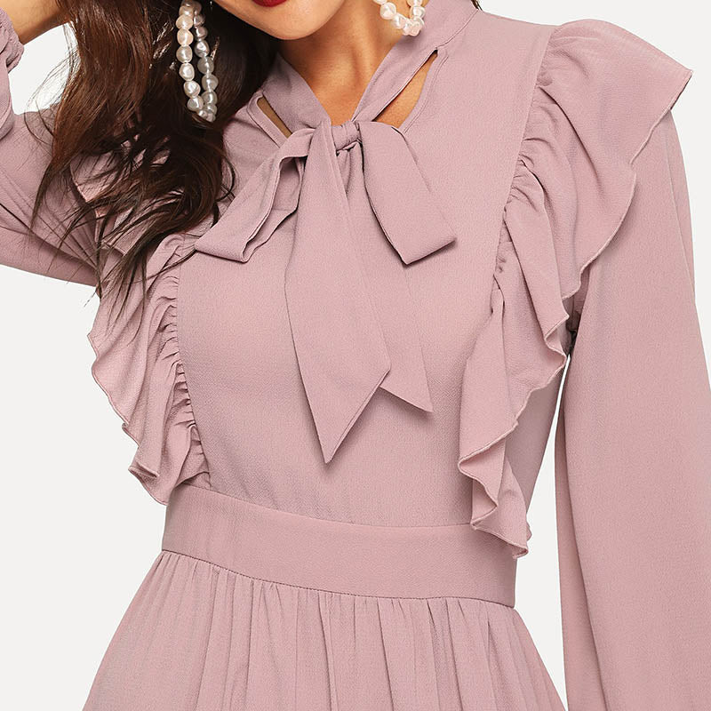 Pink Abaya Tie Neck Fit and Flare Ruffle Pleated High Waist A Line Dress Women Spring Solid Elegant Maxi Dresses