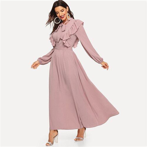 Pink Abaya Tie Neck Fit and Flare Ruffle Pleated High Waist A Line Dress Women Spring Solid Elegant Maxi Dresses