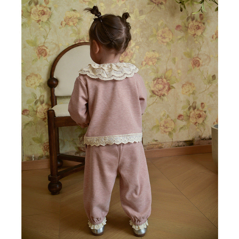 Spring and Autumn Girls Cute Color Patchwork Long Sleeves Single Breasted Top and Pants Clothing Set-2