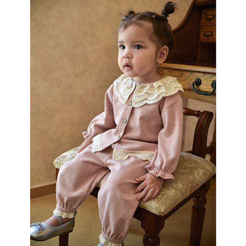 Spring and Autumn Girls Cute Color Patchwork Long Sleeves Single Breasted Top and Pants Clothing Set-0