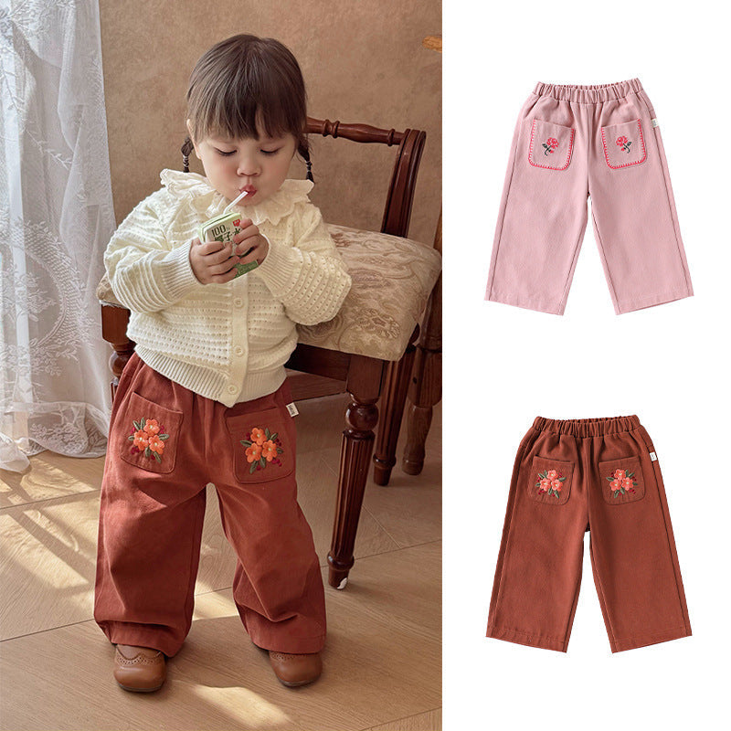 Spring and Autumn Arrival Casual Baby Kids Girls Flowers Pattern Pants-0