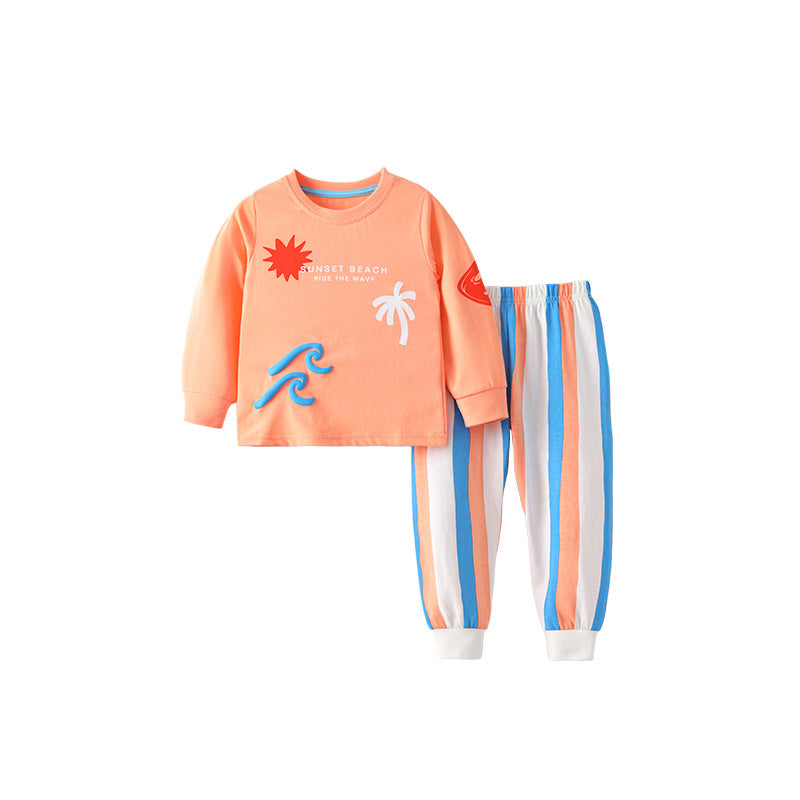Spring and Autumn Boys Letters and Geometric Pattern Long Sleeves Top and Striped Pants Clothing Set-0