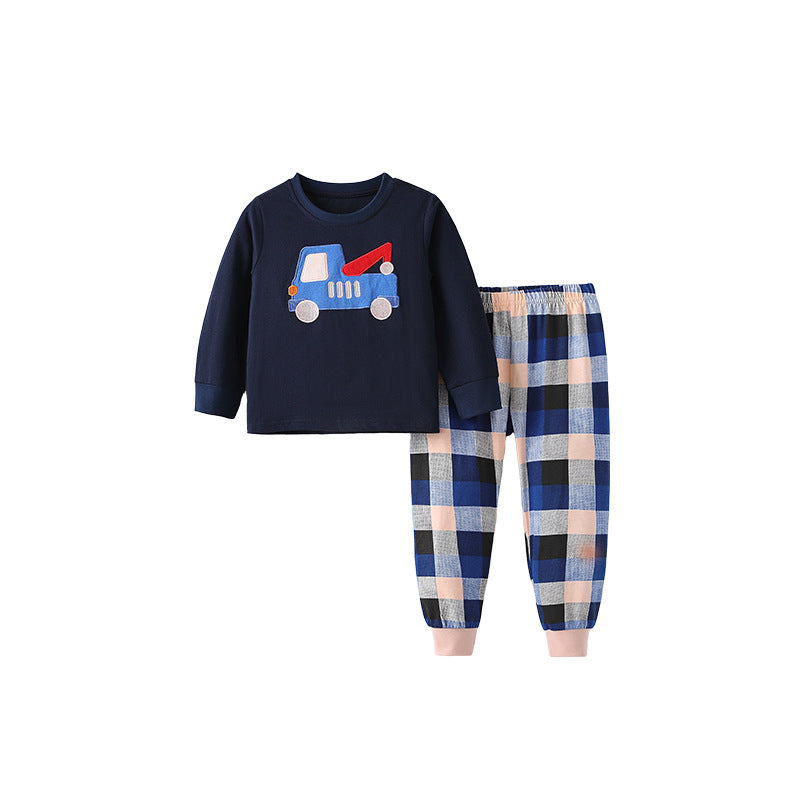 Spring and Autumn Boys Cartoon Pattern Long Sleeves Top and Plaid Pants Clothing Set-0