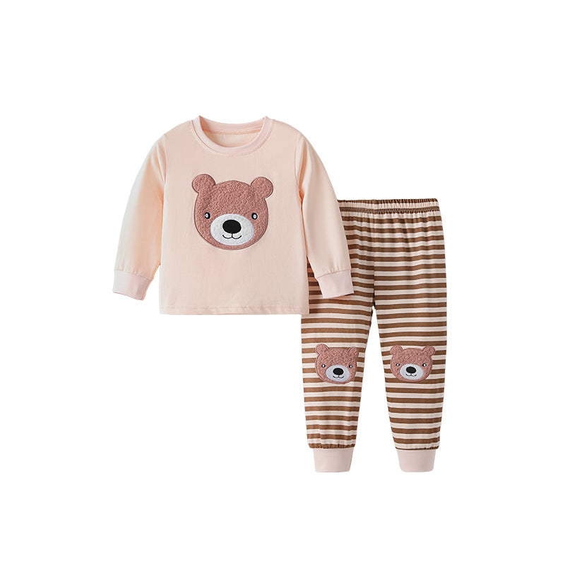 Spring and Autumn Boys Cartoon Teddy Bear Pattern Long Sleeves Top and Striped Pants Clothing Set-0