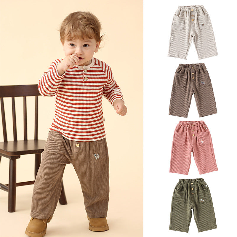 Casual Baby Kids Cartoon Embroidered Pattern Corduroy Pants-0
