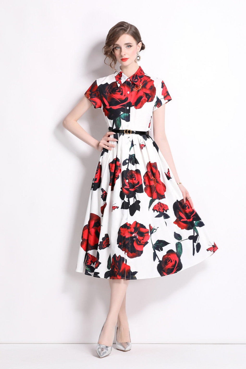 Romantic Rose Lapel Collar Shirt Dress