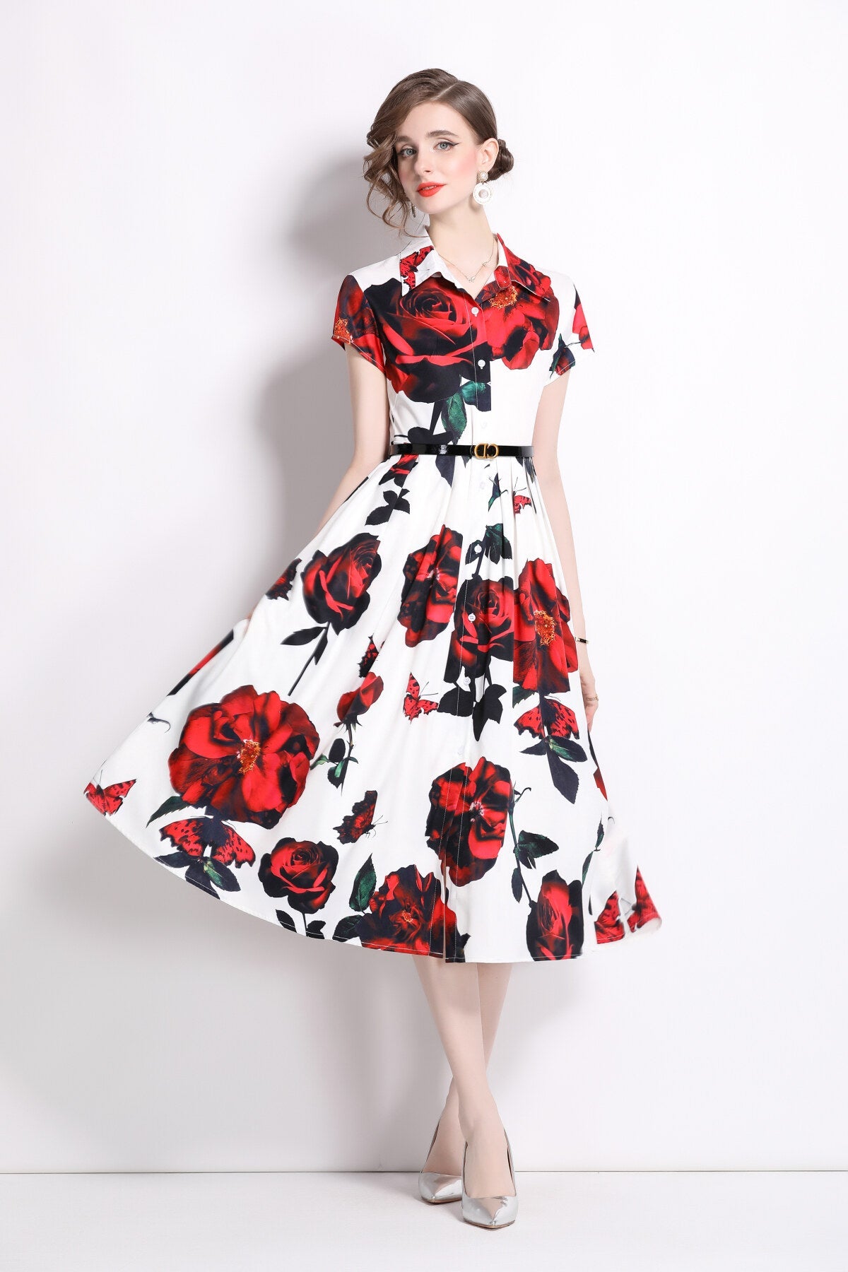 Romantic Rose Lapel Collar Shirt Dress