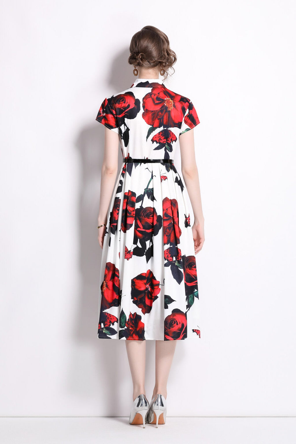Romantic Rose Lapel Collar Shirt Dress