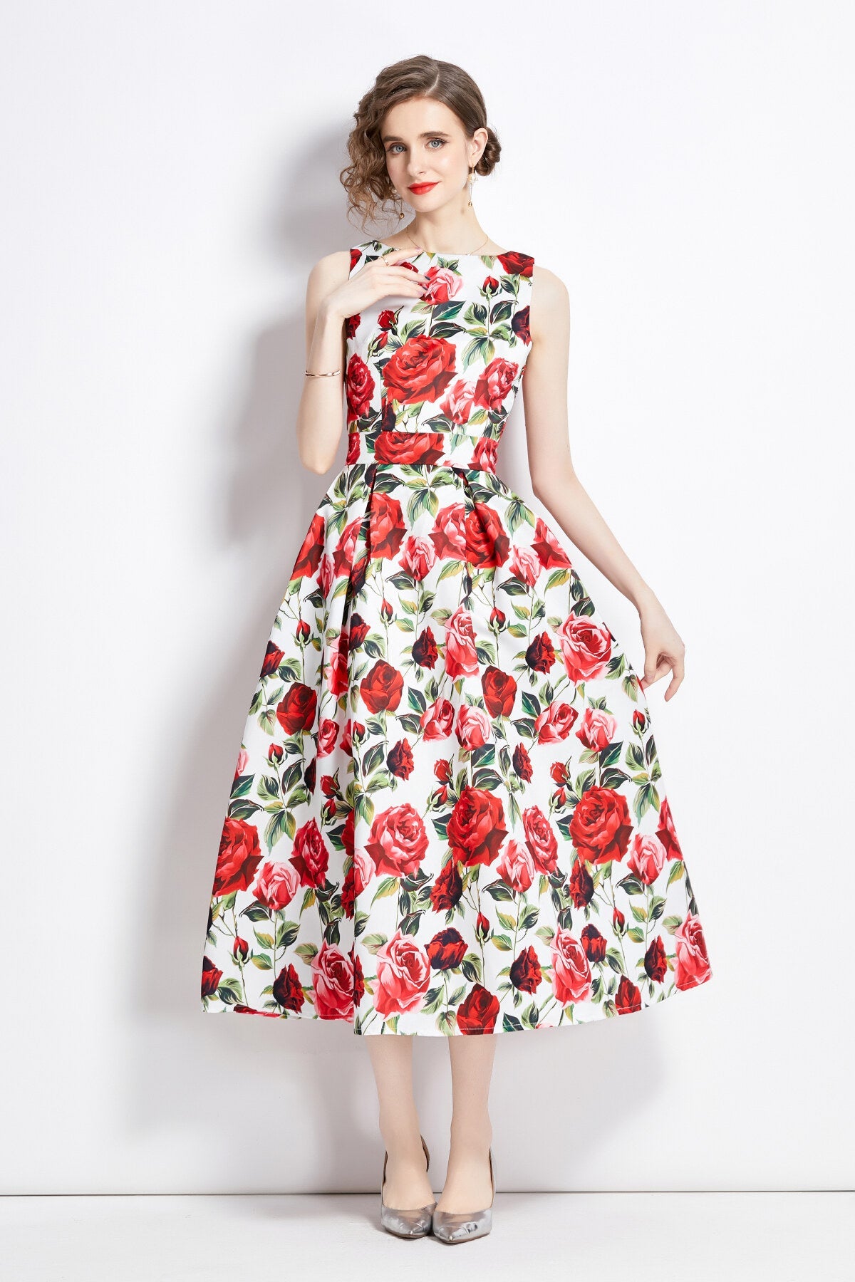 Sleeveless Form Fitting Floral A Line Dress