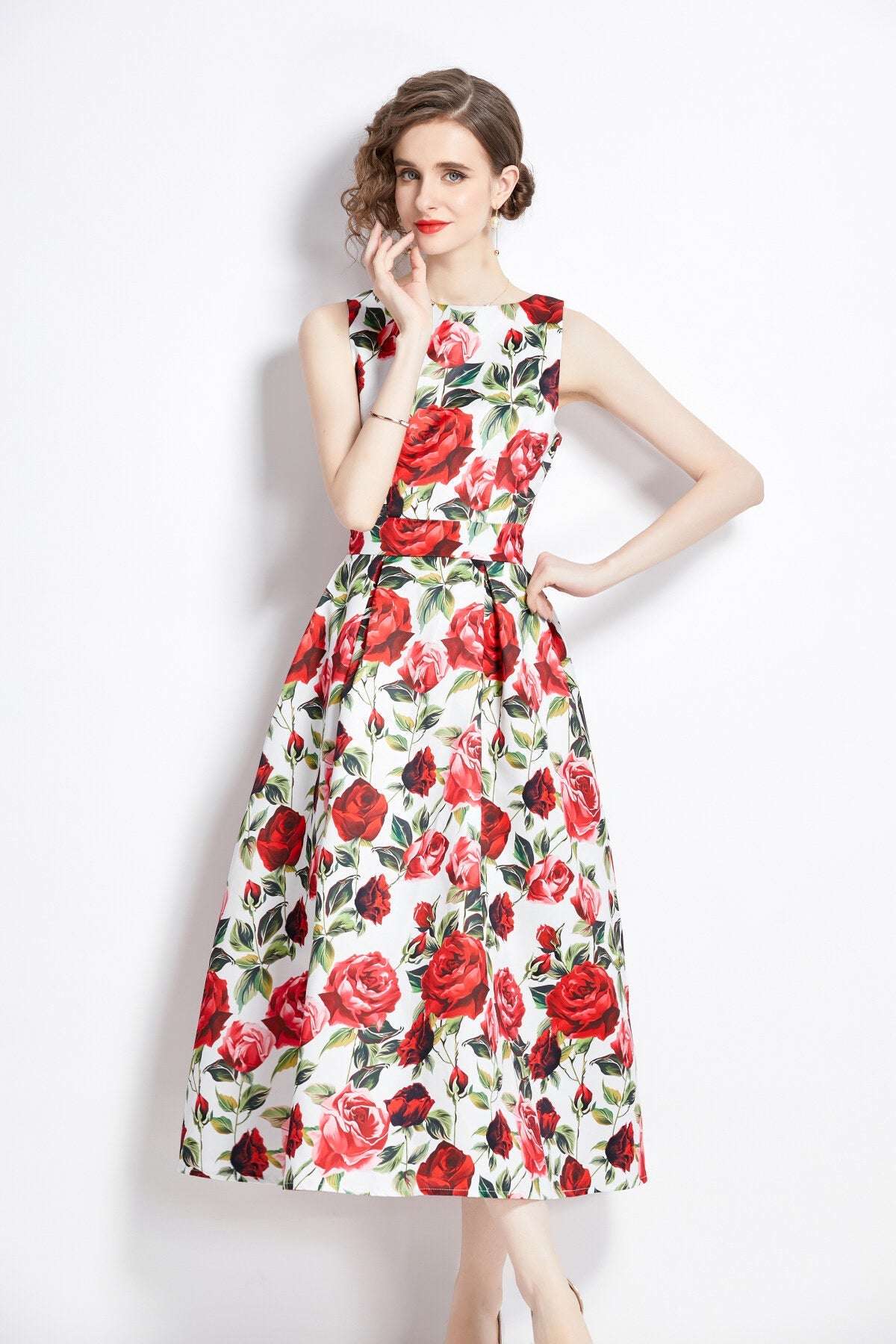 Sleeveless Form Fitting Floral A Line Dress