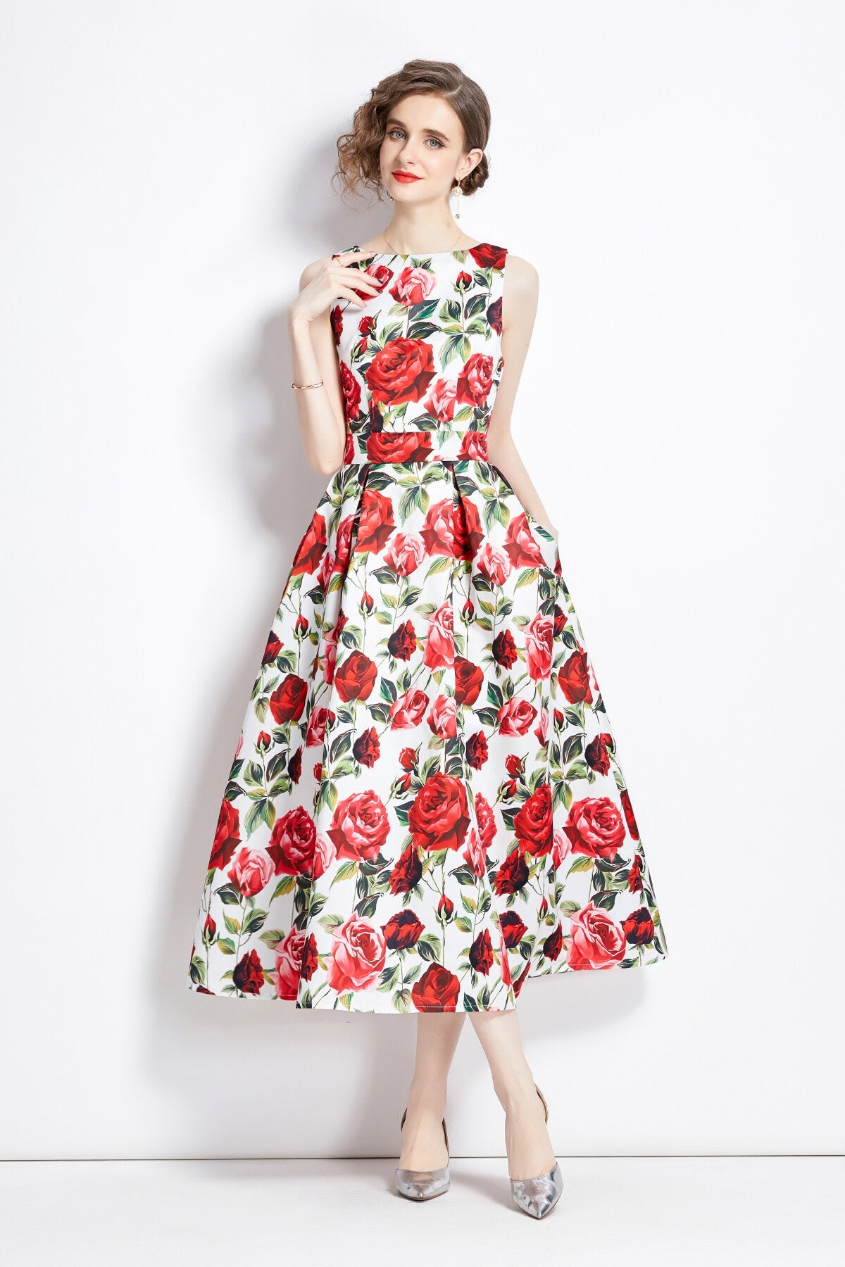 Sleeveless Form Fitting Floral A Line Dress